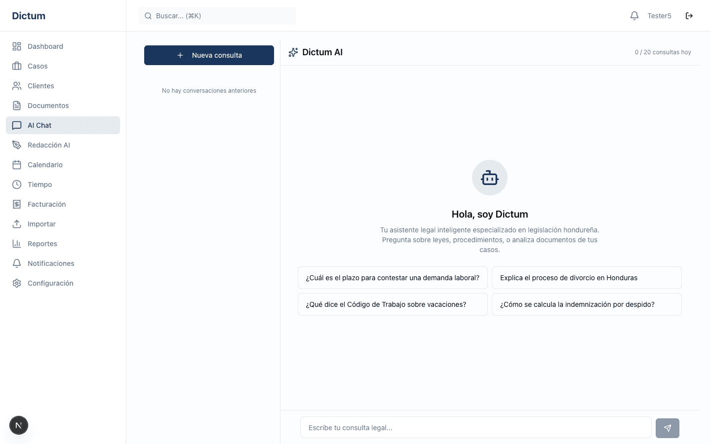 Chat con IA de Litis mostrando consultas legales sugeridas sobre leyes hondureñas