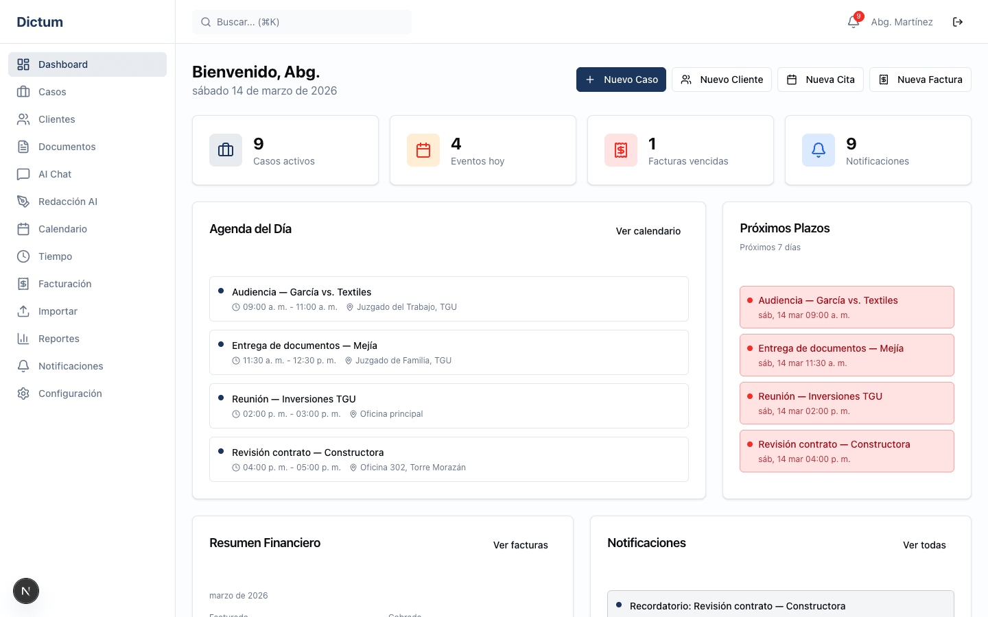 Vista del dashboard de Litis mostrando casos activos, agenda y resumen financiero